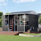 VanAcc 9x9x7 FT Metal Storage Shed, Dual-Zone Tool Shed with Work Area, Reinforced Frame, Gable Roof, Ventilated Design, Dark Grey
