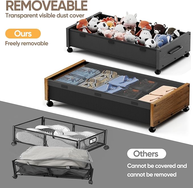 Under Bed Storage Containers with Wheels, Extra Large Wooden Underbed Shoes Organizer 2 Packs, Rolling Under the Bed Storage Drawers with Clear Lid, Heavy Duty Metal Frame for Clothes 36"L (Walnut)