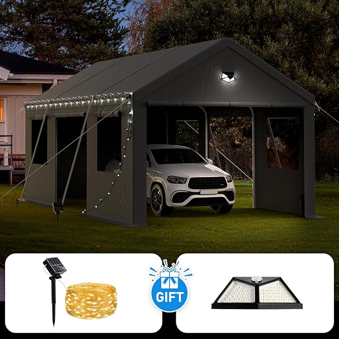 Carports Canopy Heavy Duty, Portable Garage with Sidewalls and Side Doors (12x20, Grey)