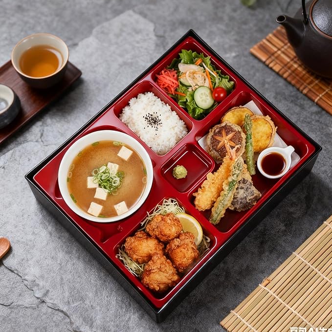 2 Pcs 12 x 9.5 x 2.2 Inch Japanese Lunch Box 6 Compartments and Bowl Divided Bento Box with Greaseproof Adult Japanese Bento Lunch Container Sushi Home Restaurant