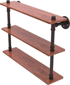 Allied Brass P-490-22-TWS Pipeline Collection 22 Inch Ironwood Triple Wood Shelf, 22", Antique Bronze