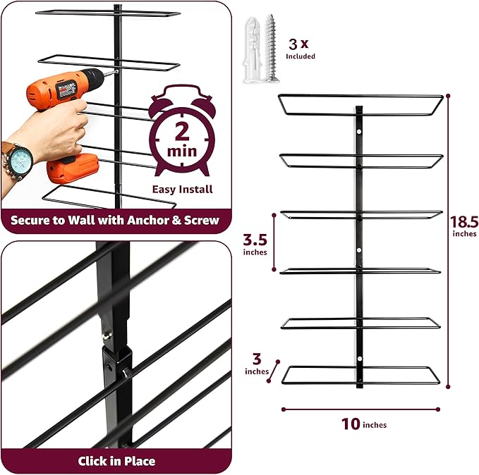 Sorbus Wall Mount Wine Rack – Holds 6 Bottles – Black Metal Wine Bottle Holder for Wall, Modern Wine Rack for Home Bar, Kitchen