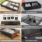 KITHELP Wooden Under Bed Storage with Wheels, Rolling Under the Bed Storage Bins with Removable Lid, Metal Under Bed Drawers for Clothes and Shoes in Bedroom or Living Room(Walnut Brown-1pack)