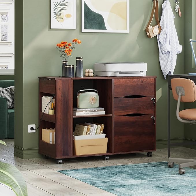 DEVAISE File Cabinet with Lock, 3 Drawer Rolling Mobile Lateral Filing Cabinets with Charging Station Printer Stand with Open Storage Shelves Fits A4 or Letter Size for Home Office Brown Oak