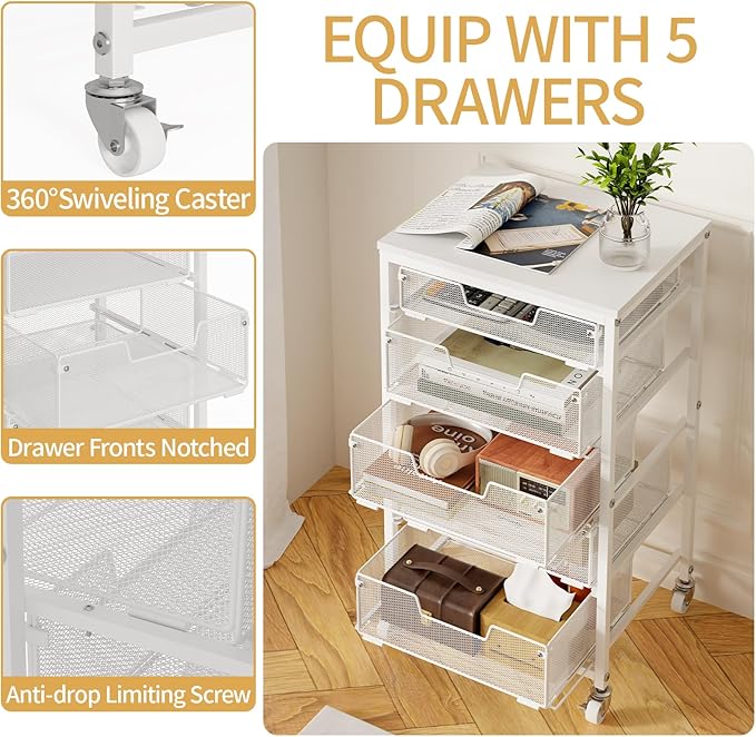 Utility Cart with 5 Drawers, Rolling Storage Cart with Wooden Tabletop and Lockable Wheels, Storage Drawer Cart Craft Cart for Bedroom, Classroom, Home, Office, White