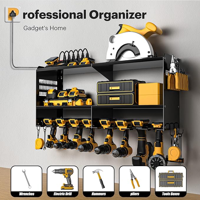 Power Tool Organizer Wall Mount with Charging Station, 15 Min Assembly & Maximum 420lb Load by Heavy Duty Metal, 8 Slots for Cordless Drill, Tool Battery Holder with 6 Outlet Power Strip