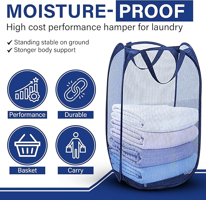 DecorRack 1 Pack Mesh Pop Up Laundry Hamper, Lightweight Foldable Clothes Basket with Easy Carry Handles, Durable Mesh Design for Air Circulation and Simple Storage, Navy (1 Pack)