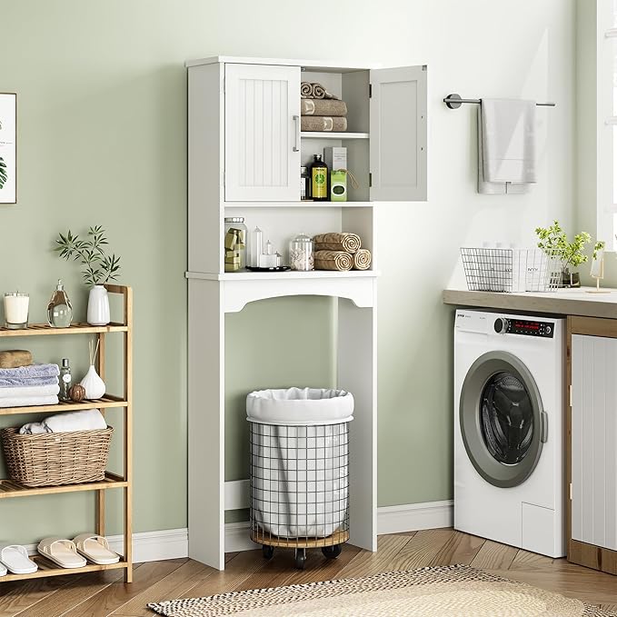 GarveeHome Over The Toilet Storage Cabinet, Double Door Bathroom Storage Organizer with Anti-Tip Device, Small Freestanding Space Saver with Open Shelf, White
