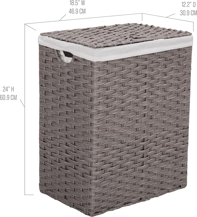Seville Classics Premium Handwoven Portable Laundry Bin Basket with Carrying Handles, Household Storage for Clothes, Linens, Sheets, Gray, Rectangular Hamper