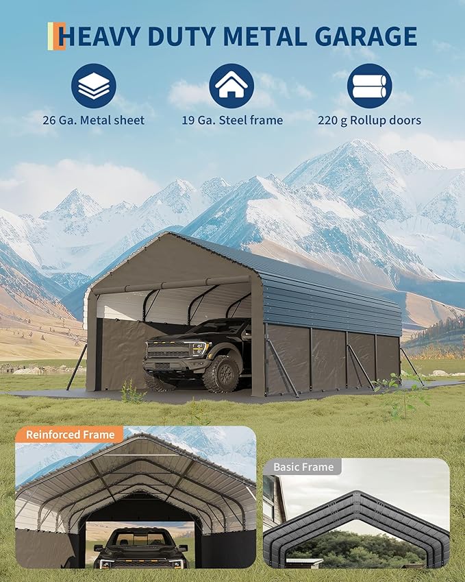 Garvee 12x20x9 ft Metal Carport Enclosed, Car Ports with Heavy Duty 220 g Tarp Gable End Doors and Sidewalls, All-Weather Carport for Full-Size Pickup Trucks, Bass Boats, and Tractors