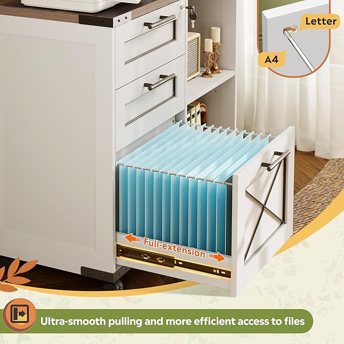 DEVAISE Wood File Cabinet with Charging Station, Mobile Lateral Filing Cabinet with Lock for Home Office, Printer Stand with Open Storage Shelves, Cottage Style White