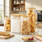 Extra Large Square Glass Flour & Sugar Storage Containers with Airtight Lids, 132oz & 63oz - 2 Pack Glass Jars with Bamboo Lids, Air tight Pantry Food Storage Containers for Cereal, Pasta, Rice