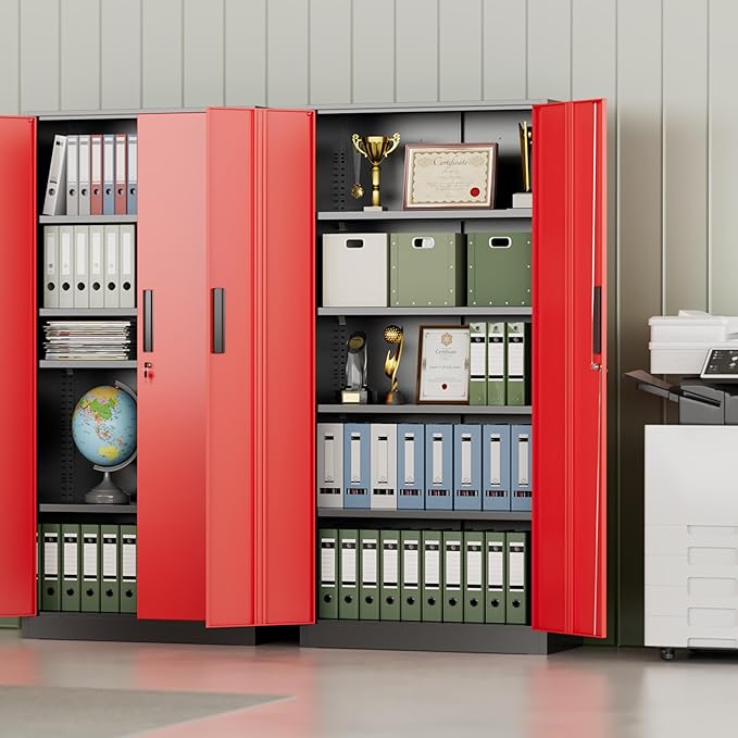 INTERGREAT Metal Storage Cabinet,72" Steel Lockable File Cabinet with Locking Doors and Adjustable Shelves,Locking Tool Cabinets for Office,Home,Garage,Gym,School (Black Red)