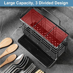 Utensil Holder, Stainless Steel Utensil Drying Rack with Drain Tray, Kitchen Counter Drainer Basket Silverware Cutlery Flatware Holder Forks, Knives, Spoons, Chopsticks Organizer (Black)
