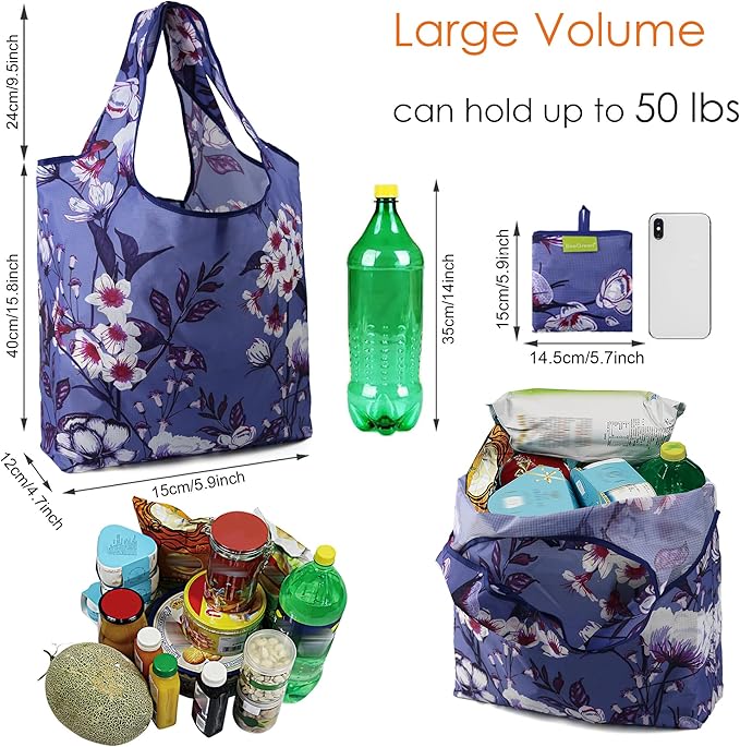 BeeGreen Flower Reusable Shopping Bags Cute Grocery Bag 6 Pack, Christmas Gift Bags Heavy-Duty Foldable Shopping Totes for Supermarket, Work & Travel, Large Washable Polyester Tote Bag with Handles