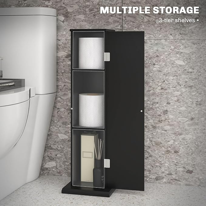 HOMCOM Toilet Paper Cabinet, Small Bathroom Corner Floor Cabinet with Doors and Shelves, Thin Storage Bathroom Organizer for Paper Shampoo, Black