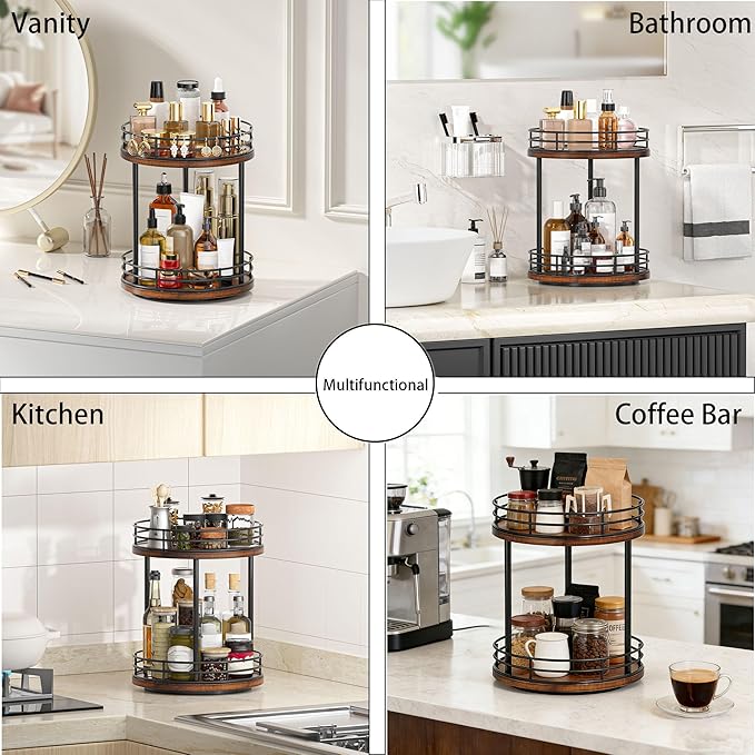 Bathroom Organizer Countertop,2 Tier Rotating Makeup Organizer Countertop for Vanity,Wooden Bathroom Counter Storage Shelf,Lazy Susan Turntable for Perfume,Skincare,Cosmetic (Brown)