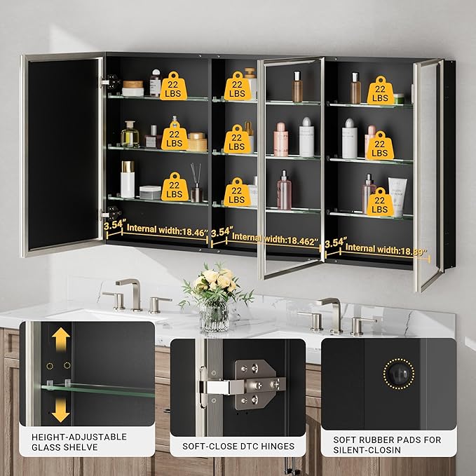 Pre-Assembled Surface or Recessed Medicine Cabinet Mirror-60x30 Brushed Nickel Bathroom Medicine Cabinet with Mirror & Rustproof Aluminum Frame, Beveled Bathroom Vanity Mirror with Storage