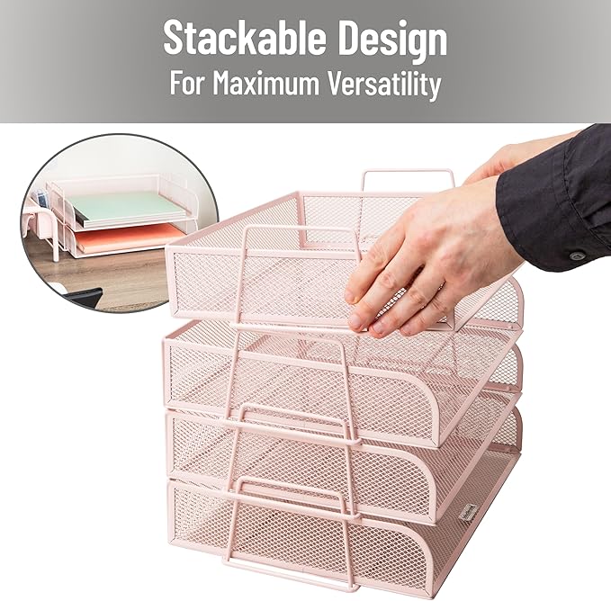 Mind Reader Stackable Paper Tray, Desktop Organizer, File Storage, Office, Metal Mesh, 4 Pcs., Pink