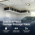 MonsterRax Overhead Garage Storage Racks 3x8’ (2-Pack) Ceiling Mounted Shelving, Adjustable Hanging Organizer, Heavy Duty Steel, Holds 500 Pounds, Color: White, Adjustable from 12"-21” off the Ceiling