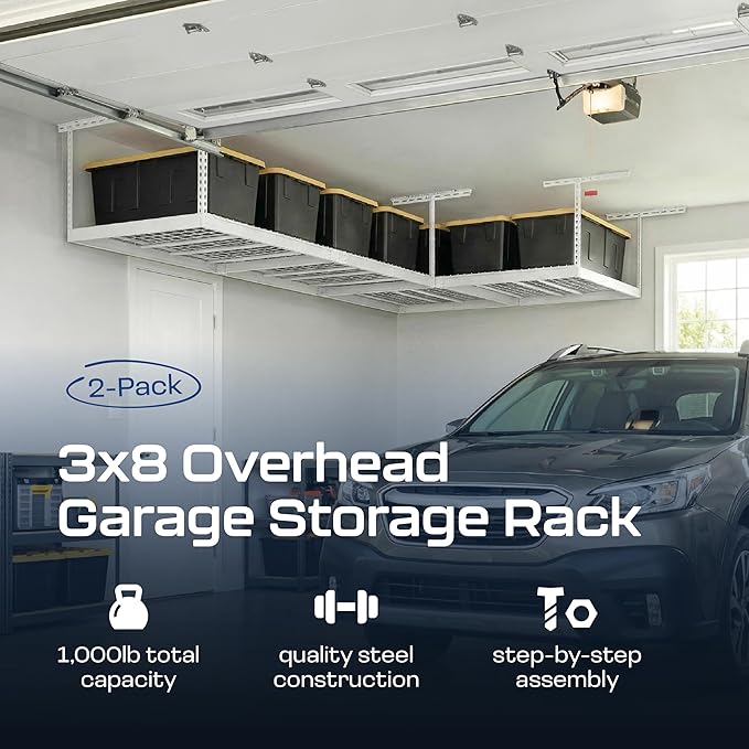 MonsterRax Overhead Garage Storage Racks 3x8’ (2-Pack) Ceiling Mounted Shelving, Adjustable Hanging Organizer, Heavy Duty Steel, Holds 500 Pounds, Color: White, Adjustable from 12"-21” off the Ceiling