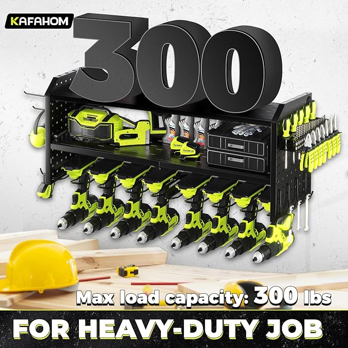 KAFAHOM Power Tool Organizer，Large 8 Drill Holder Wall Mount ，Heavy Duty Metal Tool Shelf with 12 Hooks，Storage Rack for Garage Organization，Utility Cordless Drill Holder and Battery Shelves