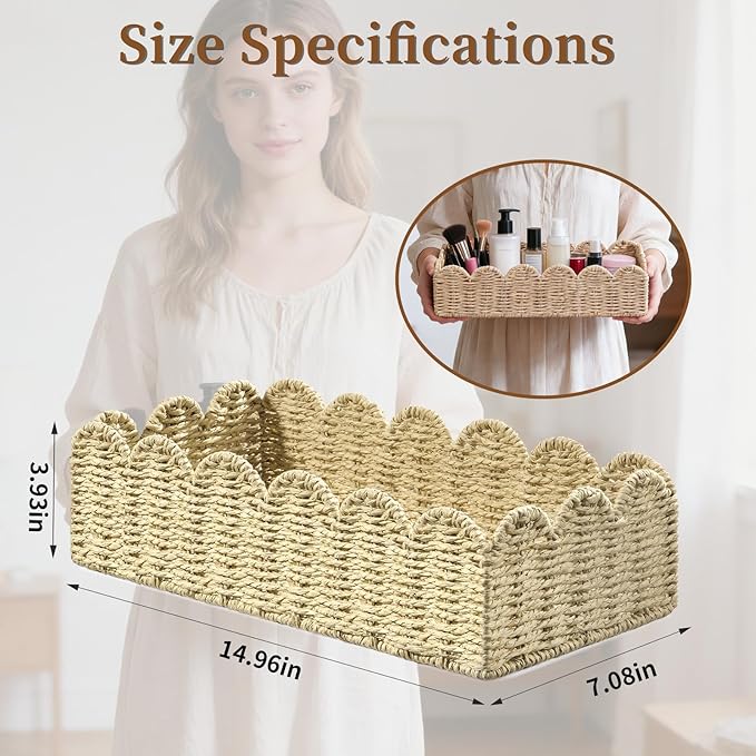 15" x 7.1" x 4" Scalloped Edge Paper Rope Basket, Toilet Paper Storage & Cozy Living Room Decor Basket for Over Toilet Shelf, End Table, Beige