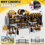Power Tool Organizer with Charging Station Wall Mount, 3 Layer Expanded Heavy Duty Garage Organization, 48.8 Inch Length Garage Tool Storage, 4 Drill Slot, 16" Standard Hole, Black