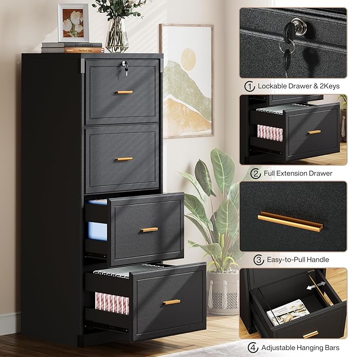 Tribesigns 4-Drawer File Cabinet with Lock, Locked File Cabinet with Key, Tall Wooden Filing Cabinets for Home Office, Vertical Office Storage for Legal Size/Letter/A4/Files, Black (2 Pieces)