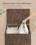 SONGMICS Laundry Hamper 2 Sections, 34.3 Gal. (130 L) Handwoven Water Hyacinth Wicker Laundry Basket with Lid, Natural Material, Removable Machine Washable Liners, Handles, Espresso ULCB202K01