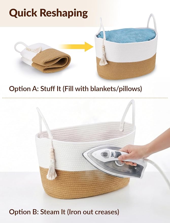 NiHome Toilet Paper Storage Basket, Cotton Rope Organizer with Boho Tassel, Holds 6 Rolls, Foldable Space-Saving Design, Multi-Purpose Bin for Bathroom, Bedroom and Living Room