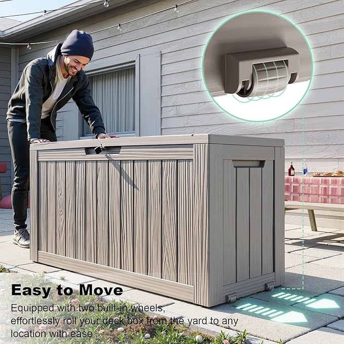 90 Gallon Outdoor Waterproof Resin Storage Deck Box Lockable Outside Bench UV Resistant Bin Patio Porch Furniture Pool Float Garden Tool Cushion Grey