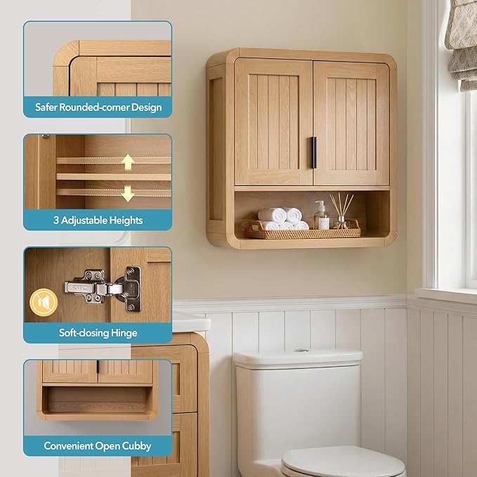 Premium Bathroom Wall Cabinet, Engineered Wood Medicine Cabinet with Soft-Close Doors & Child-Safe Rounded Edges, Modern Farmhouse Storage Organizer for Laundry, Kitchen