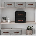 2PCS Closet Drawer Organizer Stackable Fabric Storage Boxes Bins Baskets with Lid PU Leather Handles Foldable Washable Cotton Linen Wardrobe Shelf Cloth Towels Container (Black, Large)