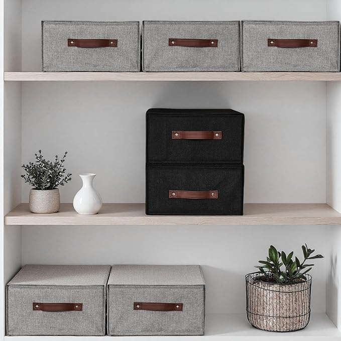 2PCS Closet Drawer Organizer Stackable Fabric Storage Boxes Bins Baskets with Lid PU Leather Handles Foldable Washable Cotton Linen Wardrobe Shelf Cloth Towels Container (Black, Large)