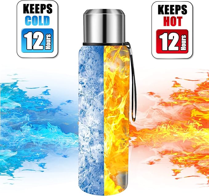 Insulated vacuum Thermo Bottle 1000ml/33.8oz with cup Stainless steel coffee bottles for hot and cold drink water flask.(Silver,1000ml)