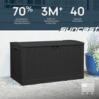Suncast 134-Gal. Resin Extra-Large Outdoor Patio Deck Box with Pad-Lockable Lid, Modern Outdoor Patio Bench/Storage Box for Cushions, Garden Tools, and More, Iron Ore