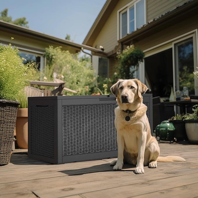 120 Gallon Outdoor Deck Box,Waterproof Resin Outdoor Storage Boxes, Outside Storage Lockable Container for Garden Tools,Indooor Cushions,Accessories (Black)