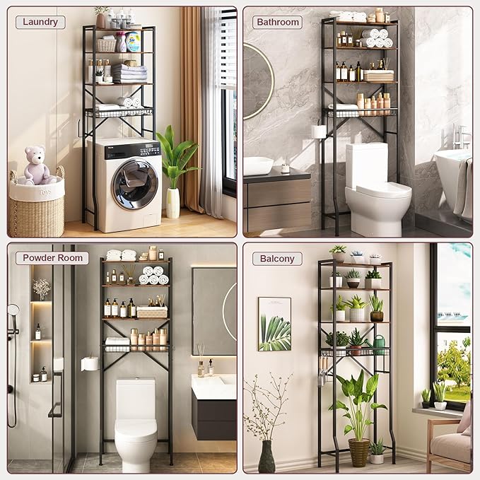 Over The Toilet Storage Rack, 4-Tier Bathroom Organizers and Storage with Adjustable Shelf, Freestanding Above Toilet Shelves for Bathroom & Laundry, Space Saver, Brown