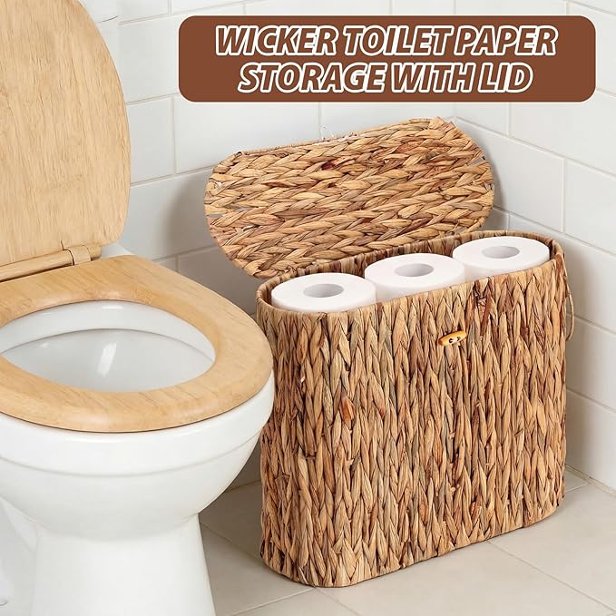 Large Wicker Toilet Paper Storage Basket with Lid Slim Woven Toilet Paper Storage Holder for Bathroom Holder up to 9-12 Mega Rolls Water Hyacinth Rattan Organizer for Kitchen Home Decor