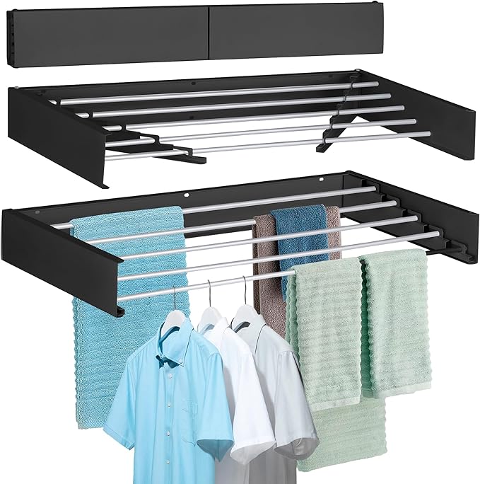 FOCHIER F Laundry Drying Rack Wall Mounted Clothes Drying Rack Collapsible with 5 Aluminum Rods and Drilling Template Long Screwdriver Bit 60 lbs Capacity (Black, 31.5")