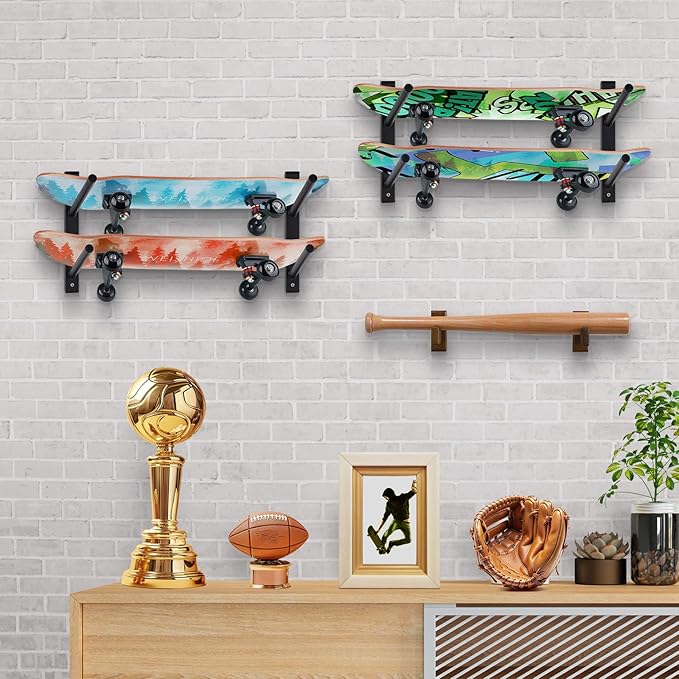 BiJun Skateboard Wall Mount, Snowboard Wall Mount Display, Horizontal Ski Wall Rack, Skateboard Rack Storage Holder Longboard Hanger