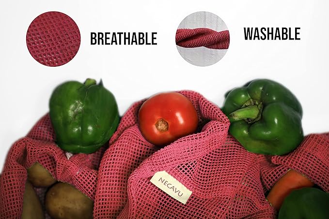 100% Cotton Set of 6 Reusable Fridge Storage Bags | Eco-friendly Natural Cotton Vegetable Bags with Drawstring Closure in Onion Pink