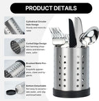 2Pcs Kitchen Utensils Holder with Base, Stainless Steel Spoon Holder, Silverware Countertop Organizer, Round Shape Essential Flatware Drying Rack, Silver (Small + Large)