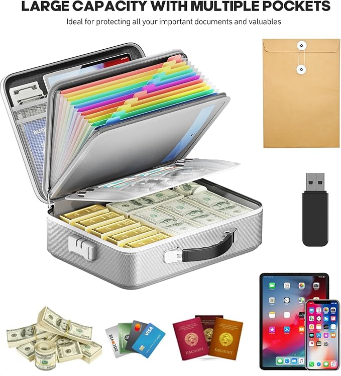 Fireproof Document Box, Hard Case Highly Flame-Resistant Fire Proof Waterproof File Organizer with Lock, Portable Fire Safe for Important Documents & Valuables Storage (Gray, ‎15"*11"*5")