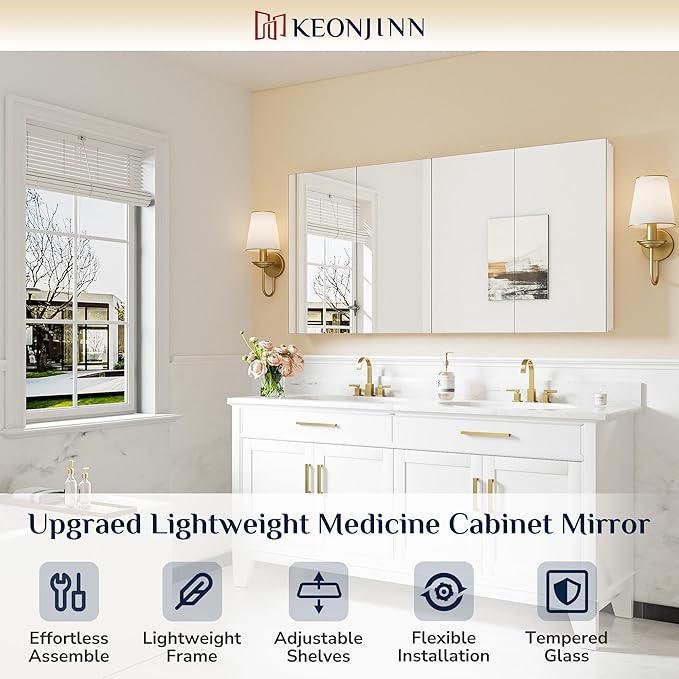 Keonjinn 64 x 32 Inch Medicine Cabinet, Assembly Required, White Bathroom Medicine Cabinets Mirror, Lightweight, Adjustable Shelves, Surface Mount or Recessed, Tempered Glass