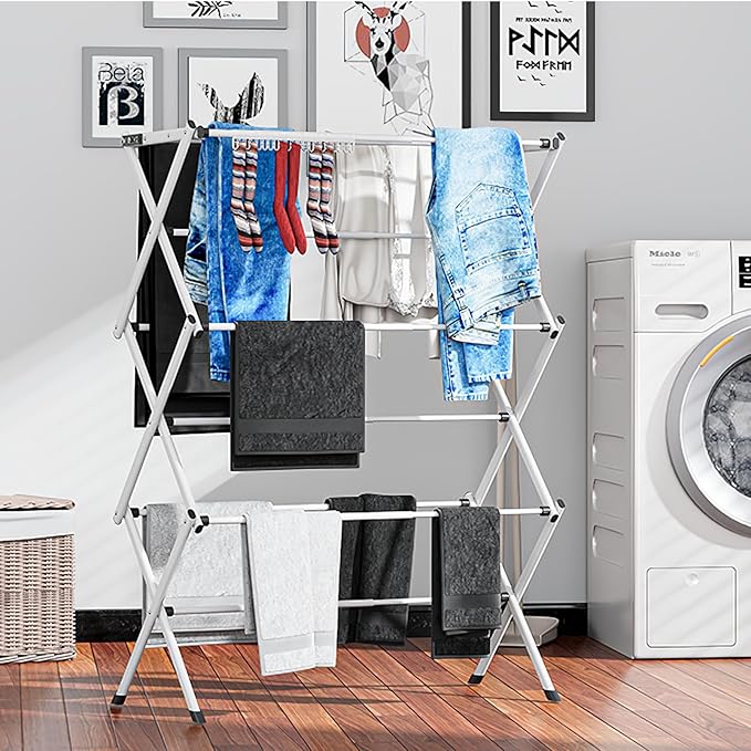 3 Tier Clothes Drying Rack, Foldable Drying Rack Clothing,Indoor & Outdoor Laundry Rack for Drying Clothes,Space-Saving Design, Metal Collapsible Dryer Racks for Laundry-White+Black