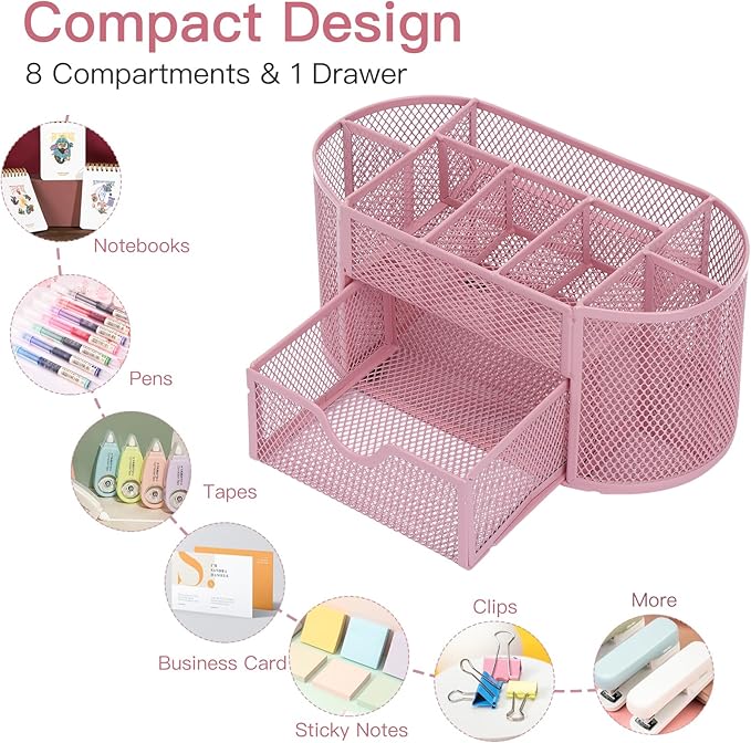 EOOUT Pink Desk Organizer, Pen Holder for Desk and Accessories, Mesh Desk Organizer with 8 Compartments and 1 Drawer for Office Home School Classroom