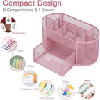 EOOUT Pink Desk Organizer, Pen Holder for Desk and Accessories, Mesh Desk Organizer with 8 Compartments and 1 Drawer for Office Home School Classroom