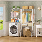 Over Washer and Dryer Shelves,2 Tier Adjustable Height Wire Shelving Laundry Room Storage Organization Clothes Drying Rack with Hanger Rod&Hooks,Space Saving Organizers Shelf,White